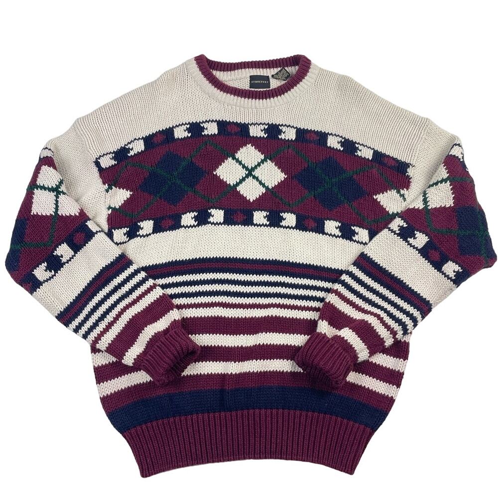 Vintage Golf Abstract Shape Burgundy, Navy, Cream, Green Sweater Size Large